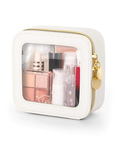 Soimeat Mini Makeup Bag Small Makeup Bag for Purse Waterproof Clear Makeup bag Leather Cosmetic Bag Square Make Up Bag Pouch Toiletry Bag for Travel Car and Women Beige
