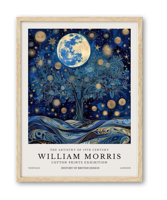 HesenDot Natural OAK Wood Frame Wall Art12x16in William Morris Moon and Stars Canvas Print Posters ArtVintage Moonnight Wall Decor for Living Room Bedroom Home Set of 1